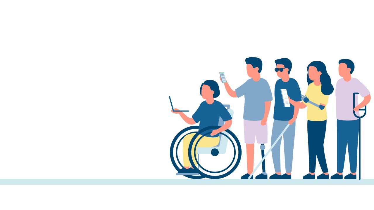 A cartoon style image of a group of differently abled people including a wheelchair users and those with sight issues queuing in a line.