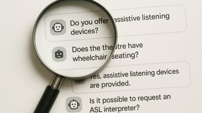 Magnifying glass over accessibility questions on a website, including assistive listening devices, wheelchair seating, and requesting an ASL interpreter