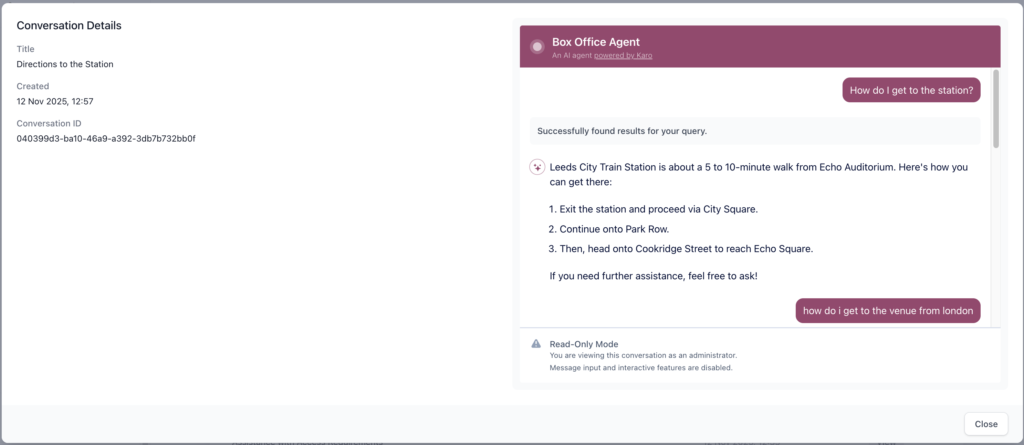 An open modal displaying a user's conversation including conversation details pane on the left hand side displaying an id, title and timestamp. 